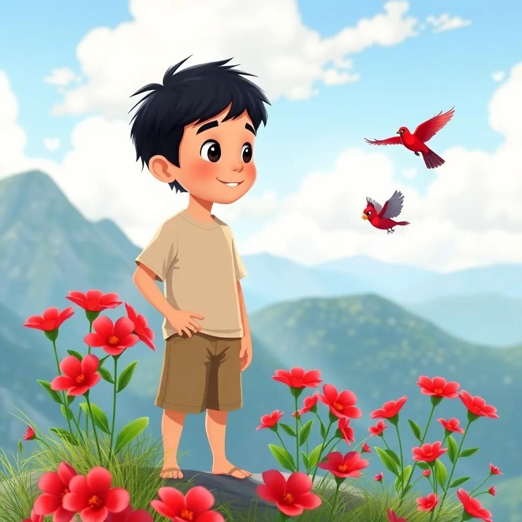 A young boy, Sami, with short black hair, wearing a simple t-shirt and shorts, standing on a mountain, picking red flowers with a beautiful red bird singing nearby, illustration, vibrant, cheerful, nature