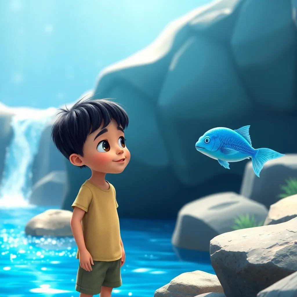 A young boy, Sami, with short black hair, wearing a simple t-shirt and shorts, beside a sparkling blue river, watching a dancing blue fish, colorful, enchanting, whimsical