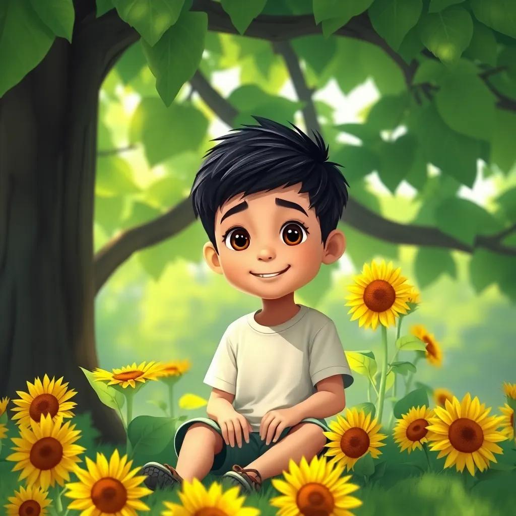 A young boy, Sami, with short black hair, wearing a simple t-shirt and shorts, sitting under a large green tree, surrounded by bright green leaves, and smiling sunflowers, child-friendly, warm and inviting