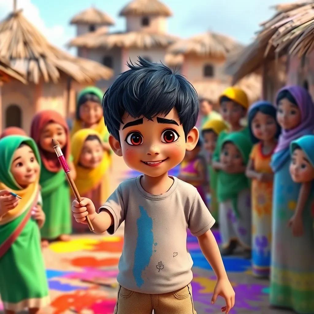 A young boy, Sami, with short black hair, wearing a simple t-shirt and shorts, painting his village with bright colors, happy villagers surrounding him, colorful, cheerful, heartwarming scene