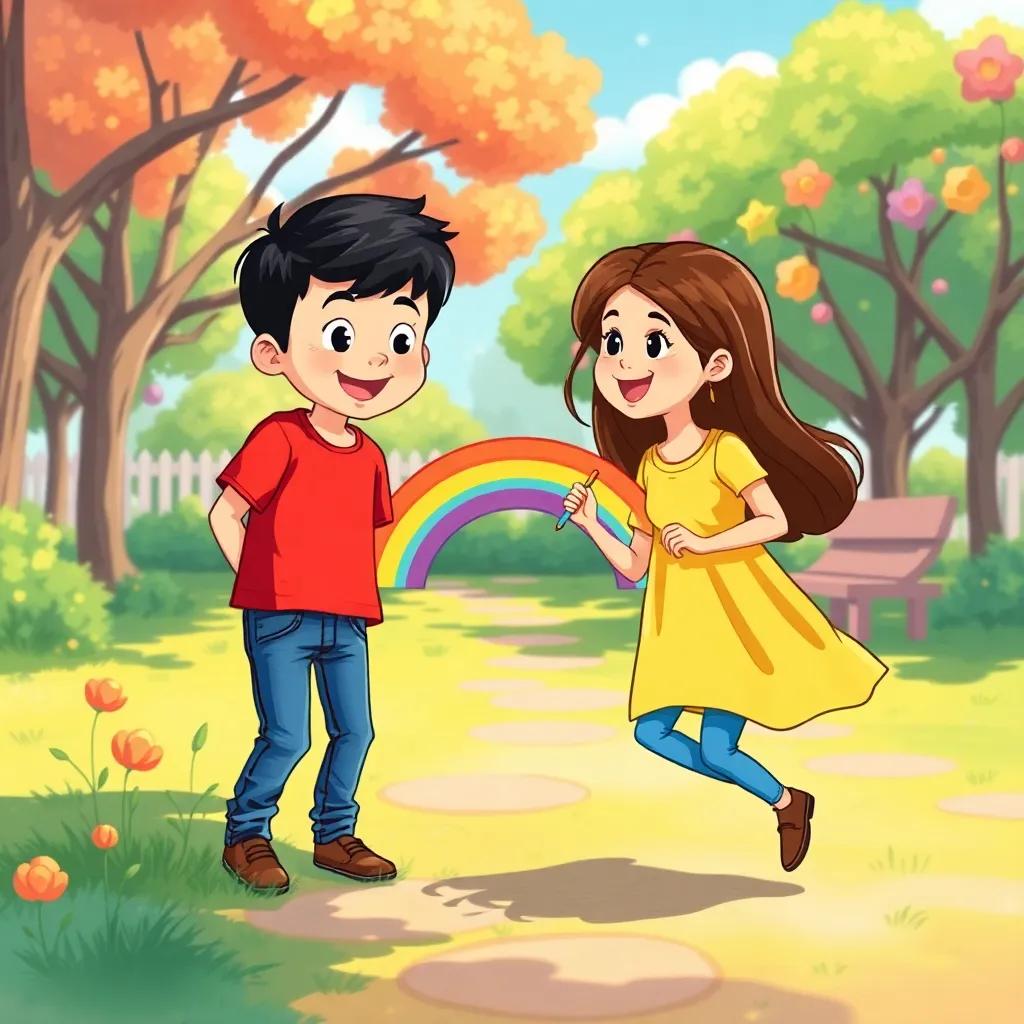 A sunny day in a colorful park with two children, a boy named Saeed with short black hair wearing a red t-shirt and jeans, and a girl named Lina with long brown hair wearing a yellow dress, both happily playing and drawing a rainbow, digital art, bright colors, cheerful atmosphere, high quality