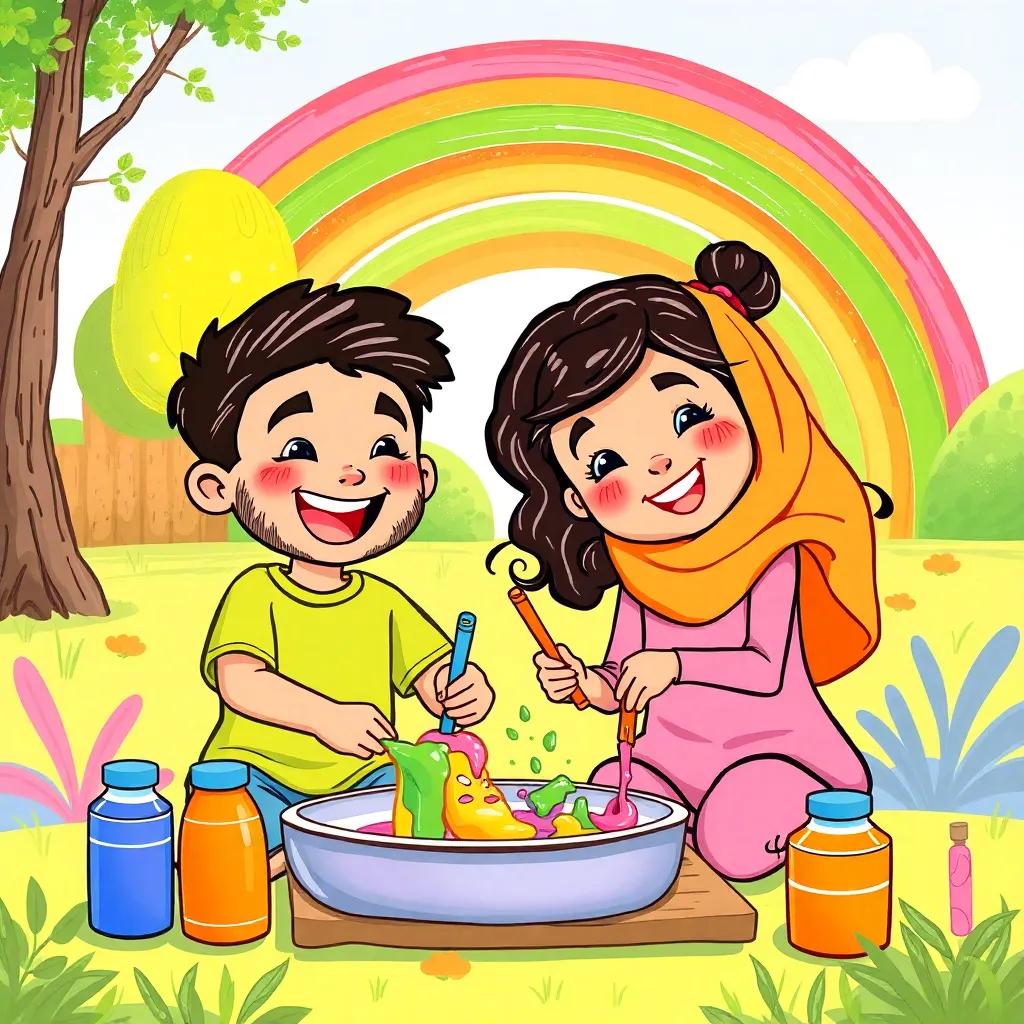 Saeed and Lina joyfully mixing paints together in the park, surrounded by bright colors like orange, green, and purple, with a big rainbow painted in the background, illustration, fun and vibrant, child-friendly, high quality