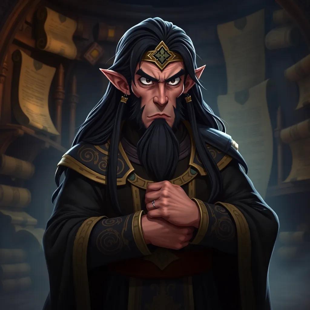 A greedy priest named Savhoor, with long dark hair in ornate priestly attire, scheming in a shadowy room filled with ancient scrolls, ominous lighting, dark colors, sinister expression, detailed, high quality
