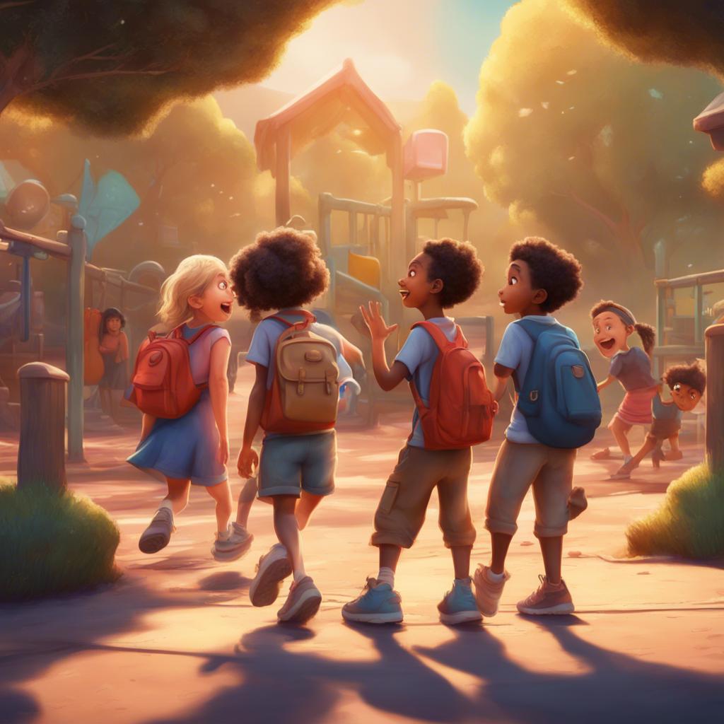 A group of children, including Sami and Ali, searching with excitement for the owner of the lost bag in a sunny playground, digital painting, lively, animated, uplifting