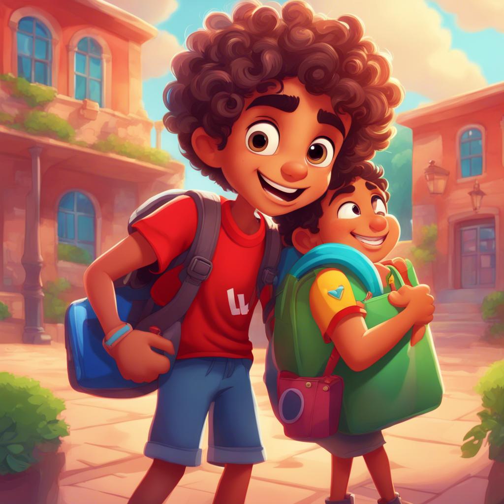 Ali, a young Arab boy with curly hair, wearing a red t-shirt hugging Sami, showing joy while holding the colorful bag filled with toys in a beautiful school yard, heartwarming, bright colors, optimistic