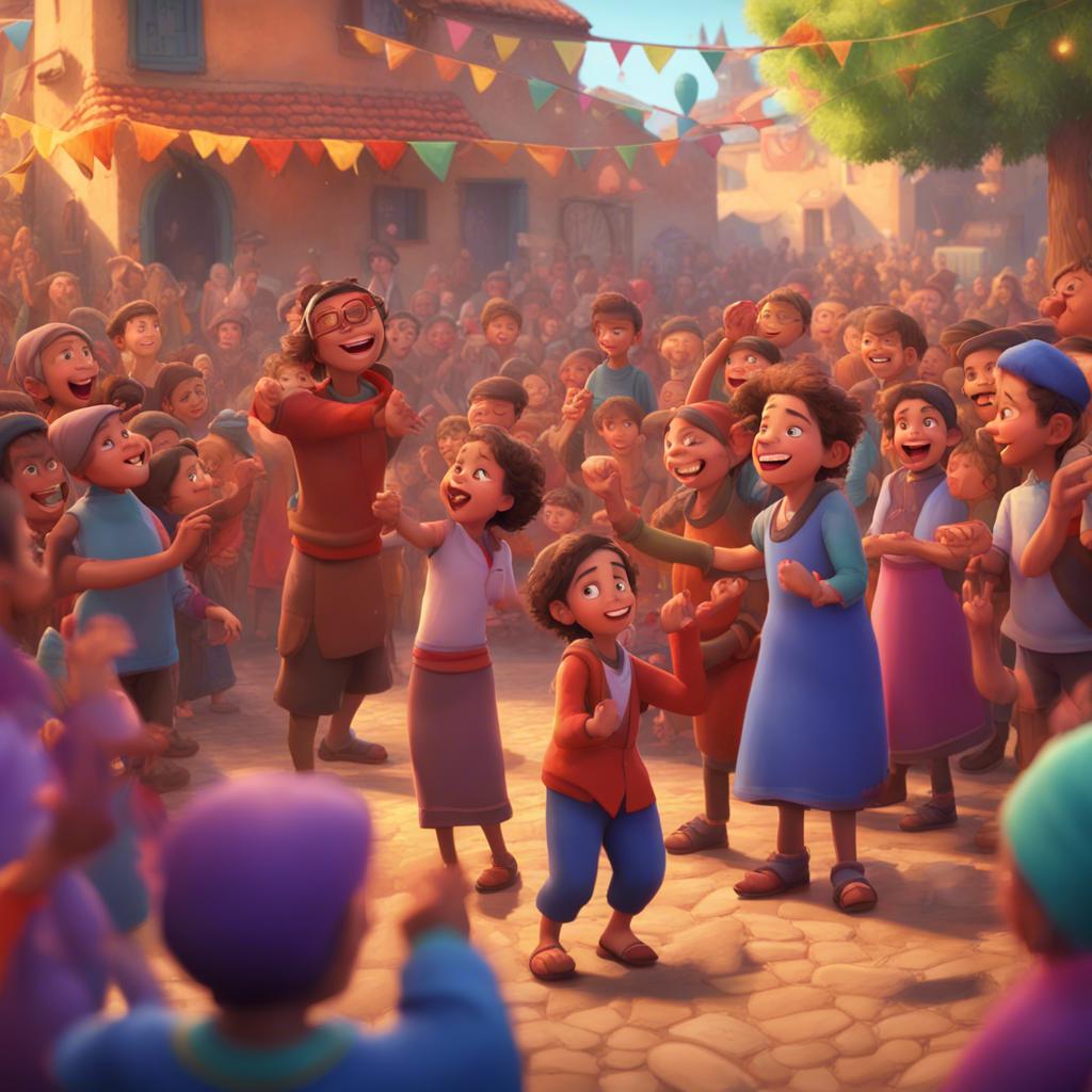 Sami and Ali, standing together in a crowd of village children, celebrating with food, dances, and music in a lively village square, colorful, festive atmosphere, joyful imagery