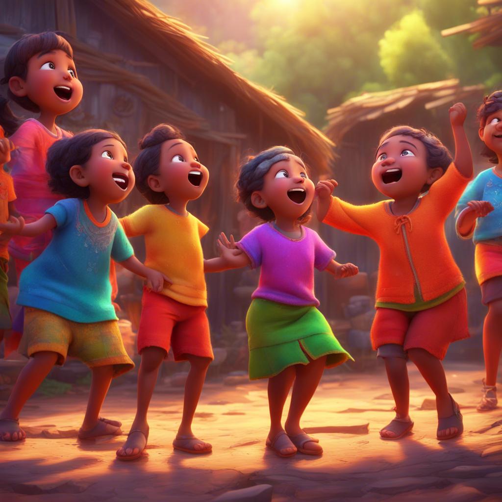 Children of the village, singing and dancing together in brightly colored clothes, sharing stories about honesty and trust, digital art, vibrant colors, joyous ambiance