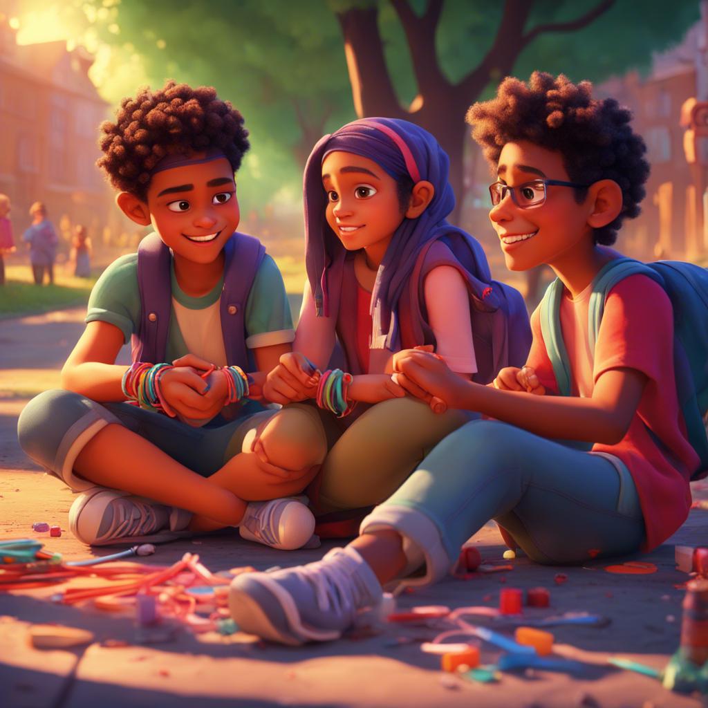 Sami and Ali, sitting together amidst their friends, crafting friendship bracelets, symbolizing trust and honesty, in the schoolyard, warm light, colorful, imaginative art