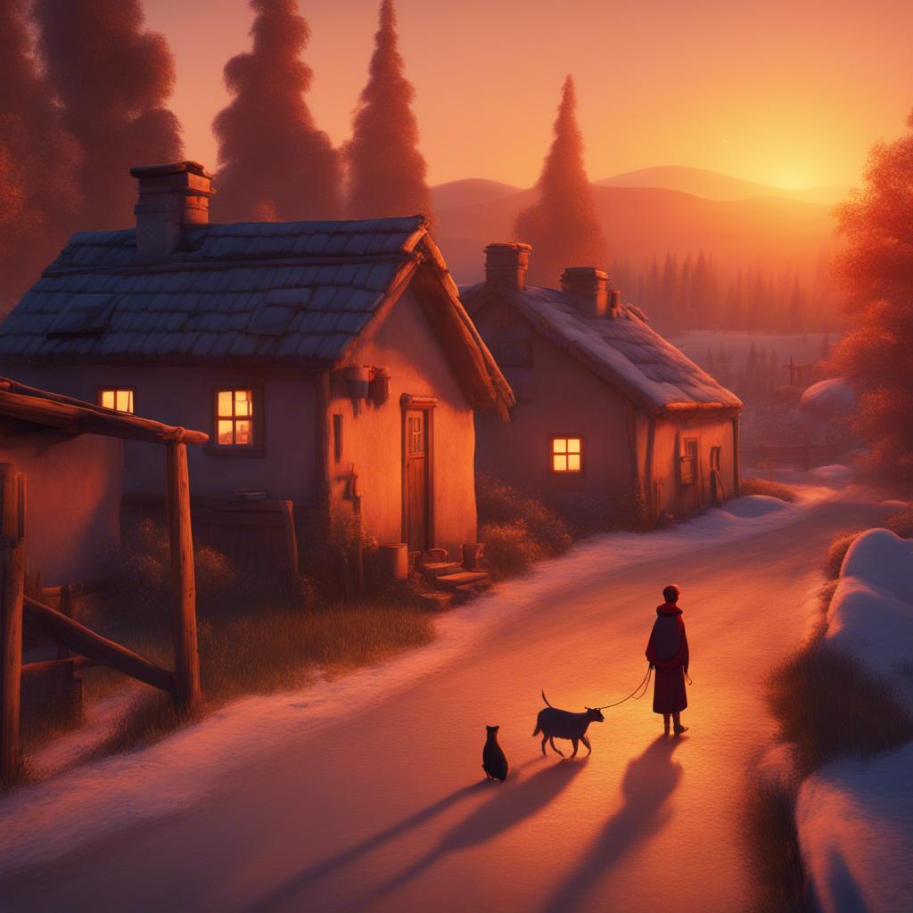 A peaceful village scene showing Sami returning home at sunset, reflecting on the lessons of honesty and friendship, warm colors, serene atmosphere, emotional