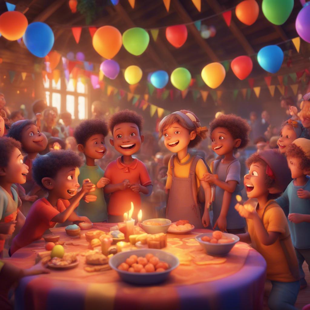 A colorful celebration scene with children enjoying games, laughter, and sharing stories about honesty and trust at a festive village gathering, vibrant, joyful