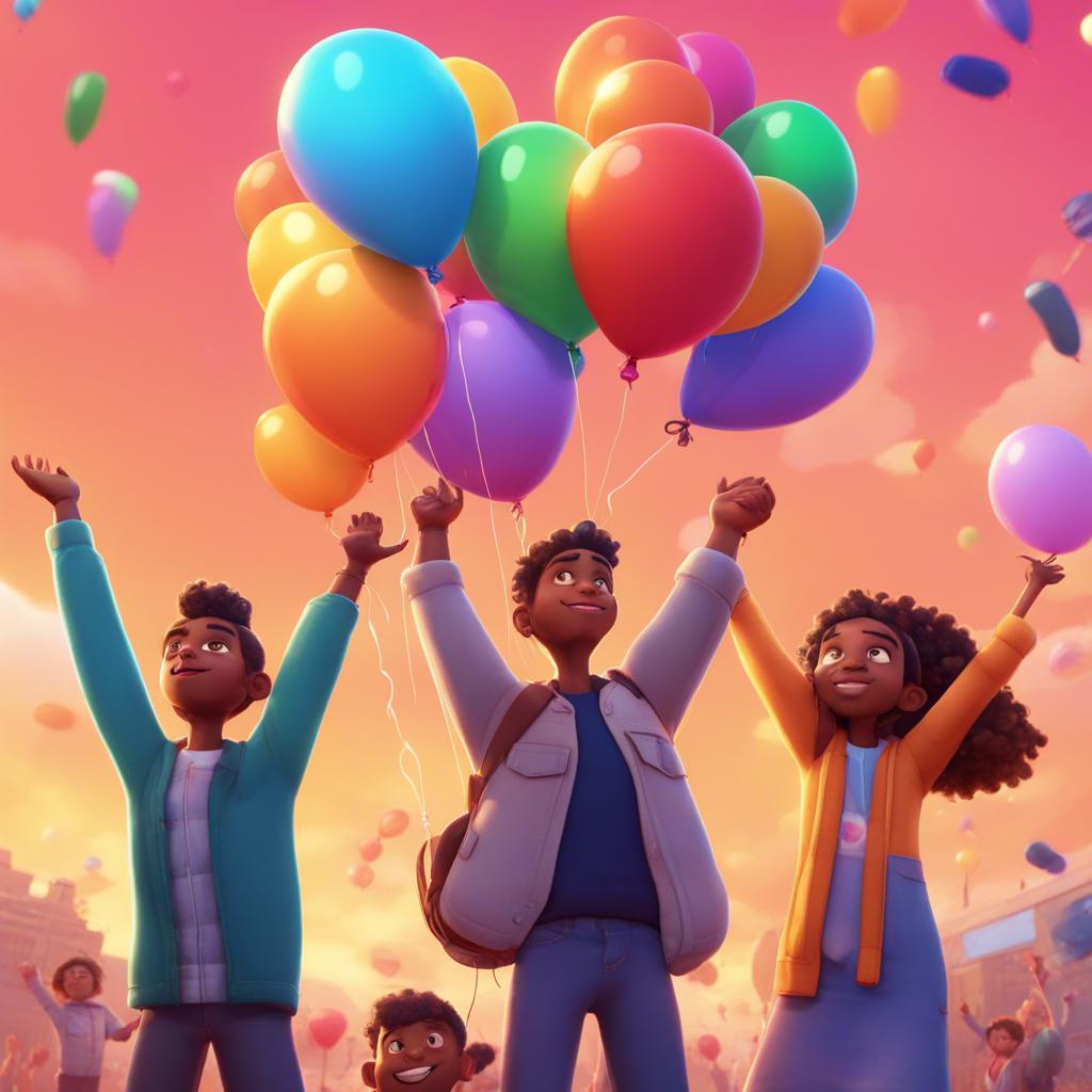 Sami, Ali, and their friends raising their hands together, declaring the value of honesty and friendship, with colorful balloons in the sky, uplifting, bright and cheerful