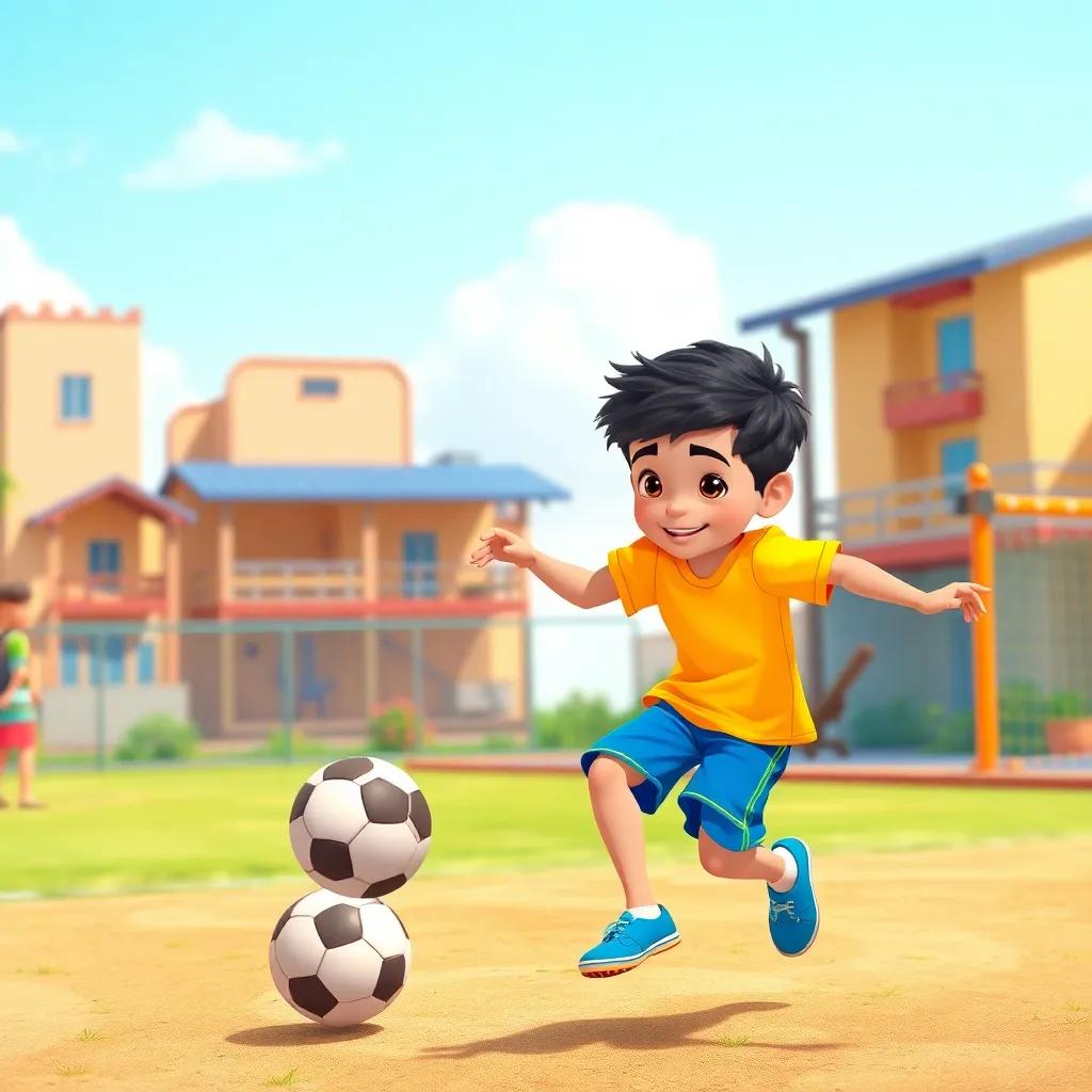 A young Arab boy, Ali, with short dark hair and wearing a cheerful yellow shirt and blue shorts, playing football with his friend in a sunny playground, vibrant colors, energetic, happy atmosphere, high quality