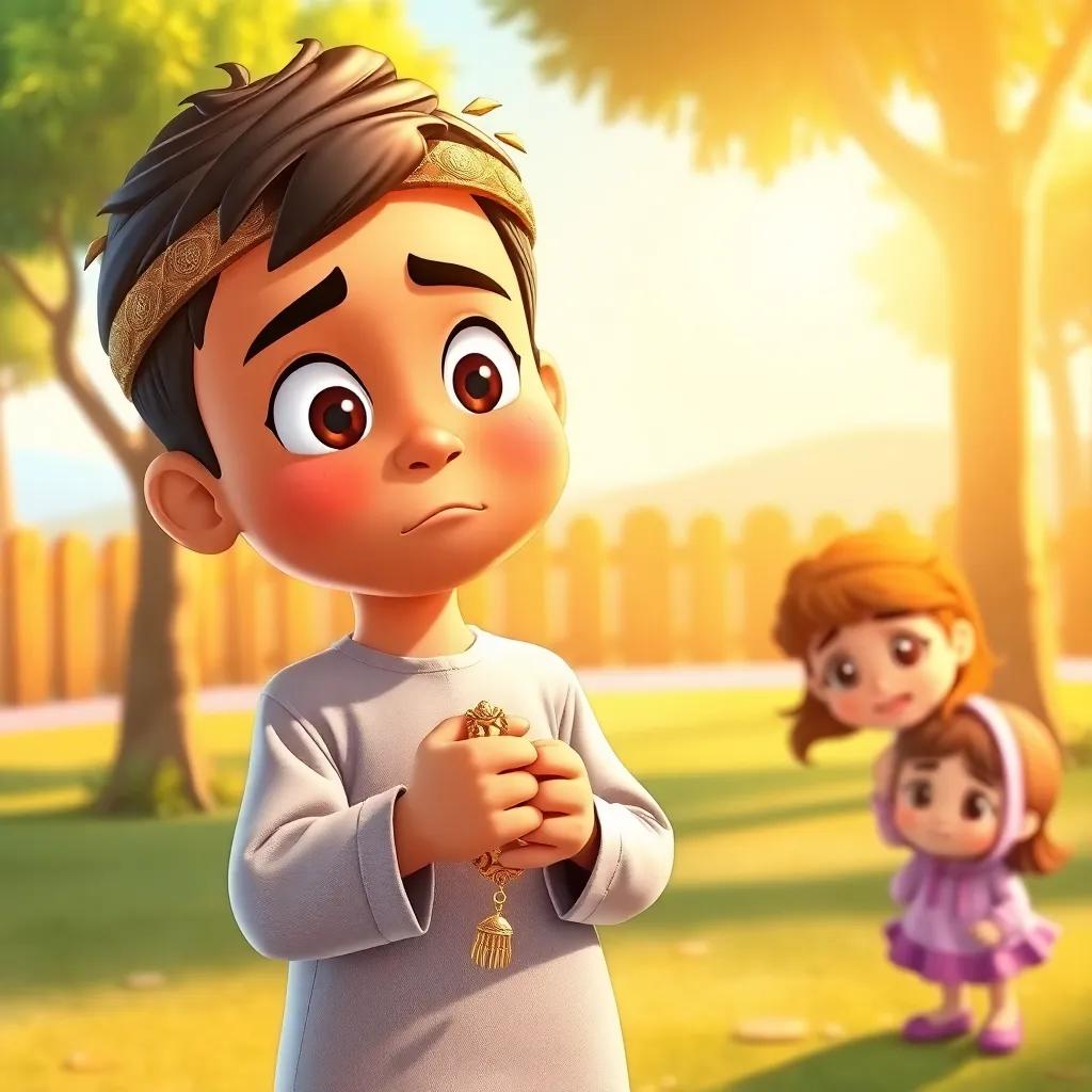 A young Arab boy, Ali, holding a beautiful golden bracelet with a concerned look, standing in a sunny playground with a girl who is crying nearby, colorful, empathetic, child-friendly, warm light, high quality