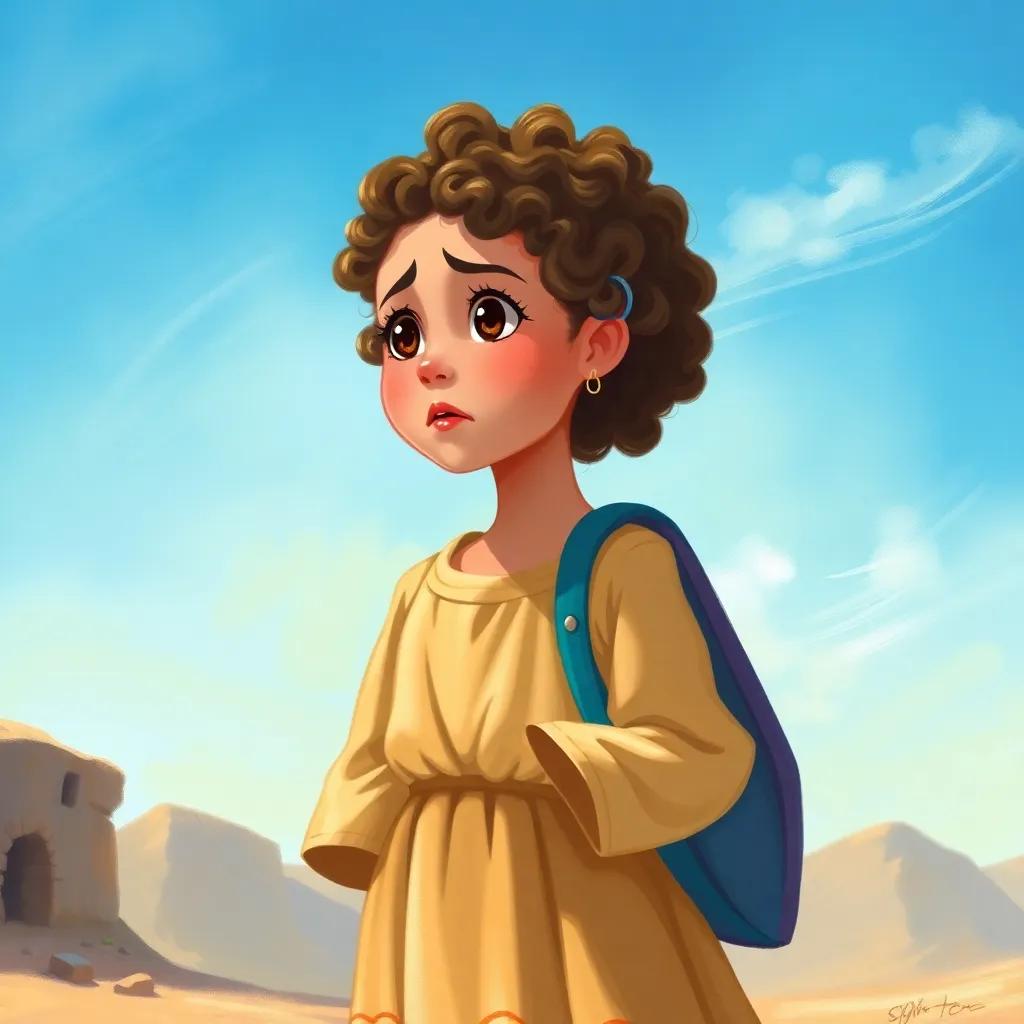 A young Arab girl, Sarah, with curly hair, wearing a simple dress, standing under a bright blue sky, looking concerned while talking to her friend, cheerful atmosphere, illustration, colorful, child-friendly