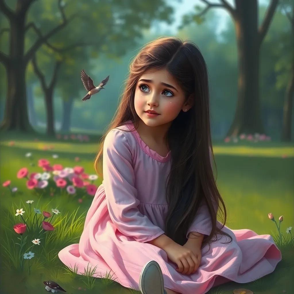 A young Arab girl, Layla, with long hair, wearing a pink dress, sitting on the ground with tears in her eyes, in a park with green grass and flowers, emotional scene, soft colors, tender moment, digital art