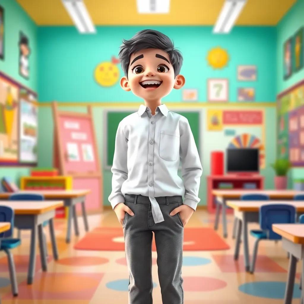 A young Kuwaiti boy, Sami, wearing a white shirt and gray pants, standing excitedly in a classroom with bright colors and educational posters, digital art, vibrant, engaging atmosphere, child-friendly