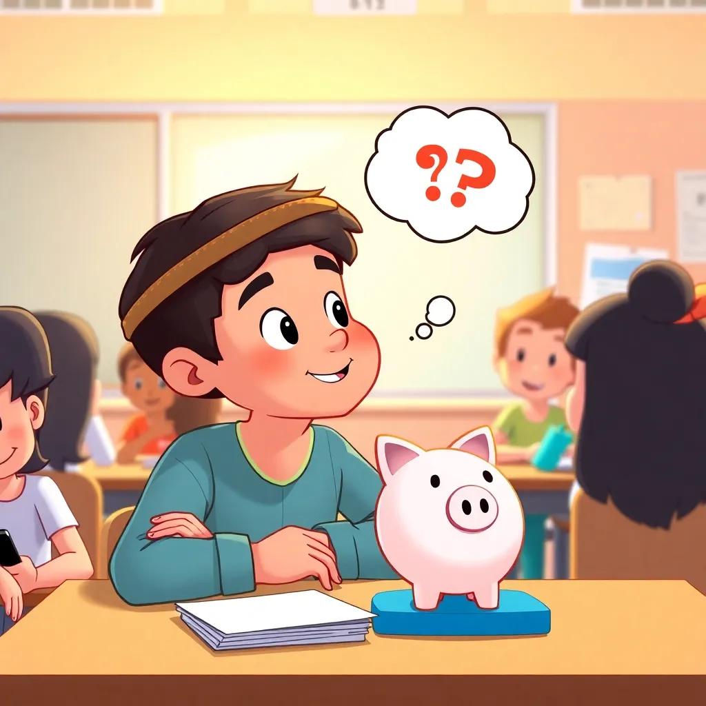 Sami thinking about saving money, with a small piggy bank on his desk in the classroom, surrounded by friends, illustration, cheerful, interactive, warm lighting, child-friendly