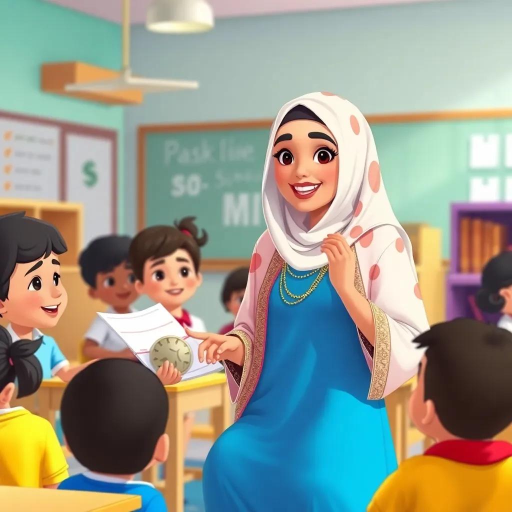 Teacher Maha, a kind Kuwaiti woman in traditional attire, explaining savings to children in a vibrant classroom, digital illustration, nurturing, light tones, friendly atmosphere