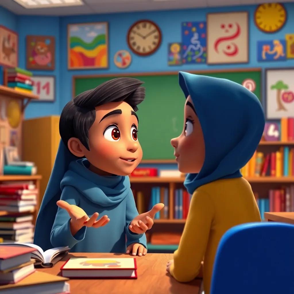 Sami asking the teacher a question, with curious eyes and open hands, in a colorful classroom setting filled with books and art, digital art, bright, inviting, engaging