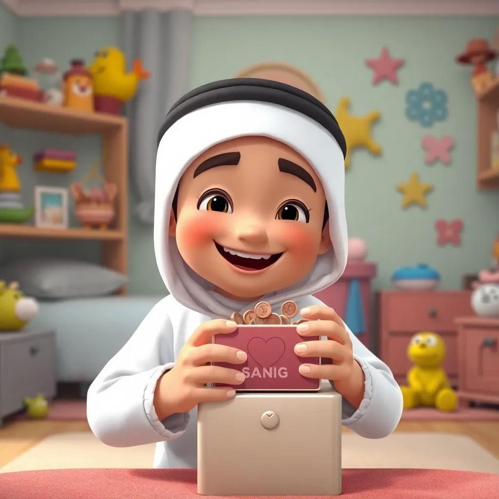 Sami with a small box for savings, smiling as he puts coins inside, in a cozy bedroom filled with toys, pastel colors, inviting atmosphere, playful
