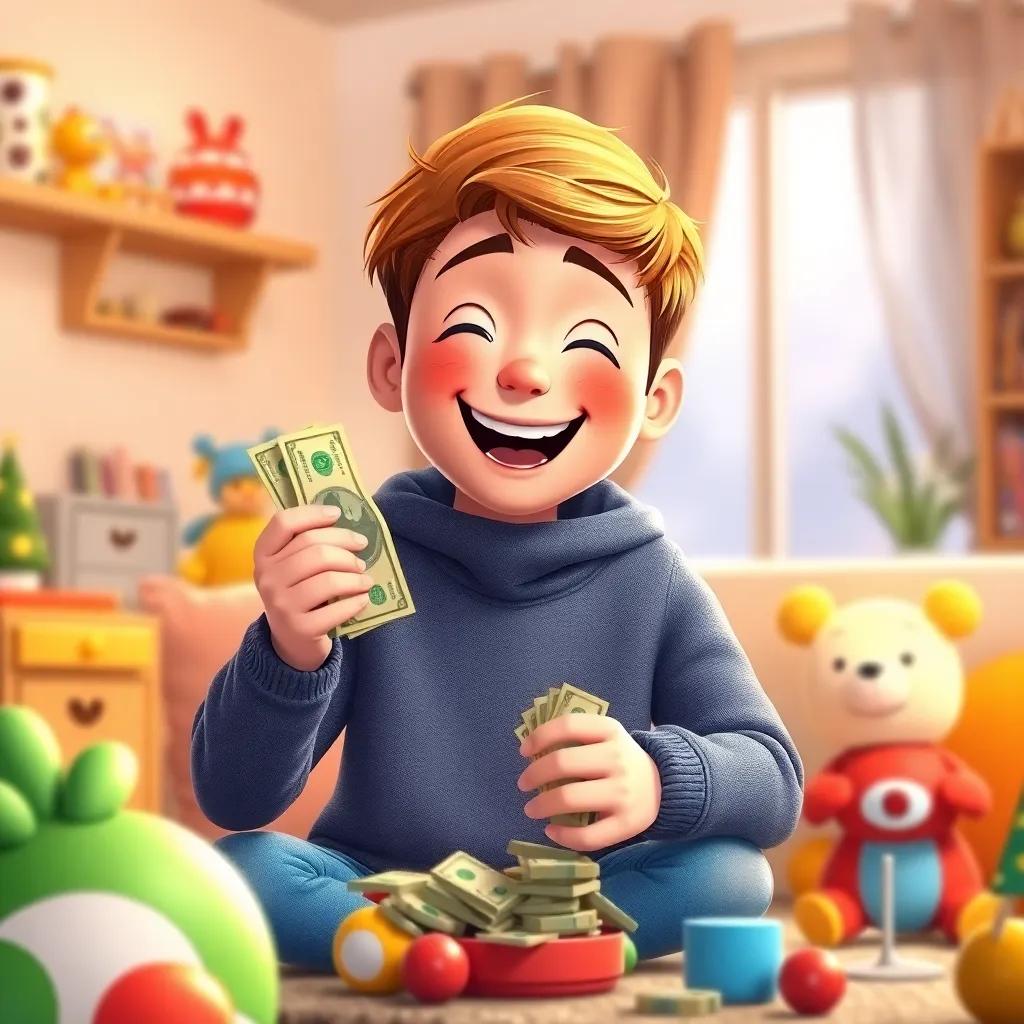 Sami counting his saved money with excitement at home, surrounded by toys, digital art, warm light, joyful mood, child-friendly