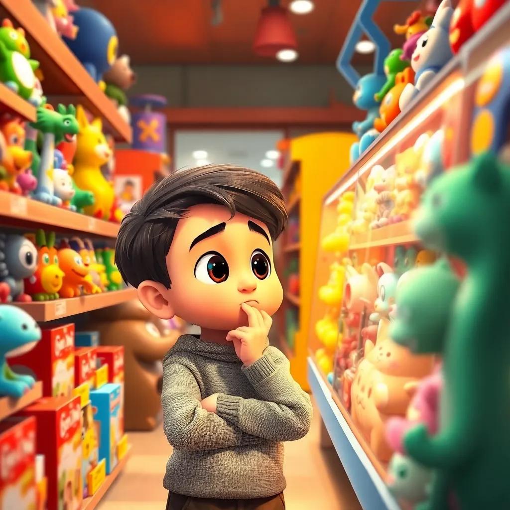 Sami in a toy store, thoughtfully looking at toys, feeling torn between his desires, bright colors, vibrant atmosphere, child-friendly