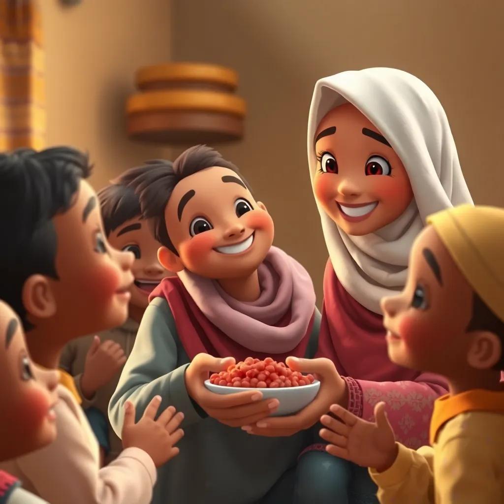 Sami happily giving food to orphans, with smiles and thank yous all around, in a kind and caring environment, warm tones, uplifting scene, compassionate