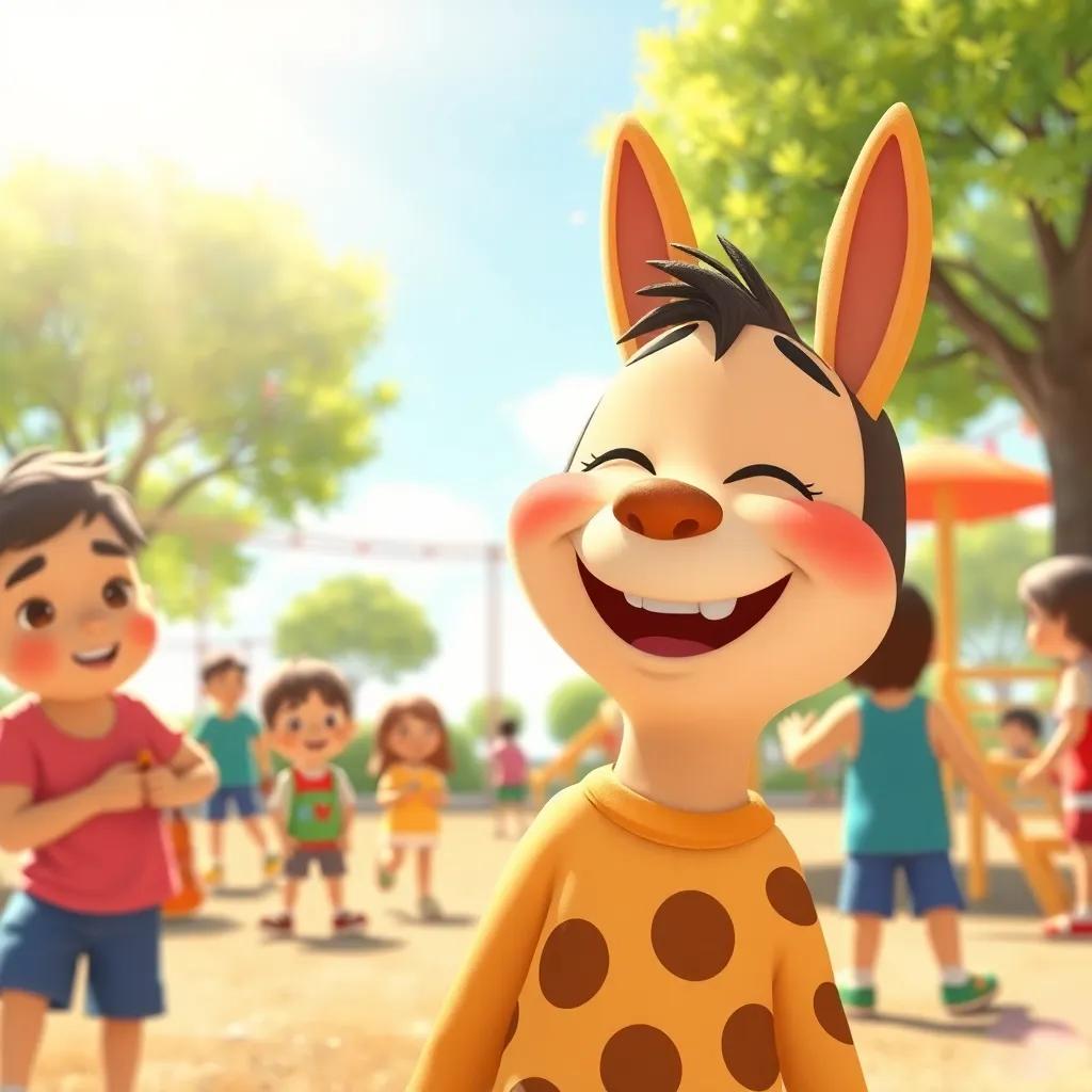 Sami smiling brightly, realizing the joy of saving and sharing, in an open playground with friends, bright sunshine and cheerful colors, radiant mood, child-friendly