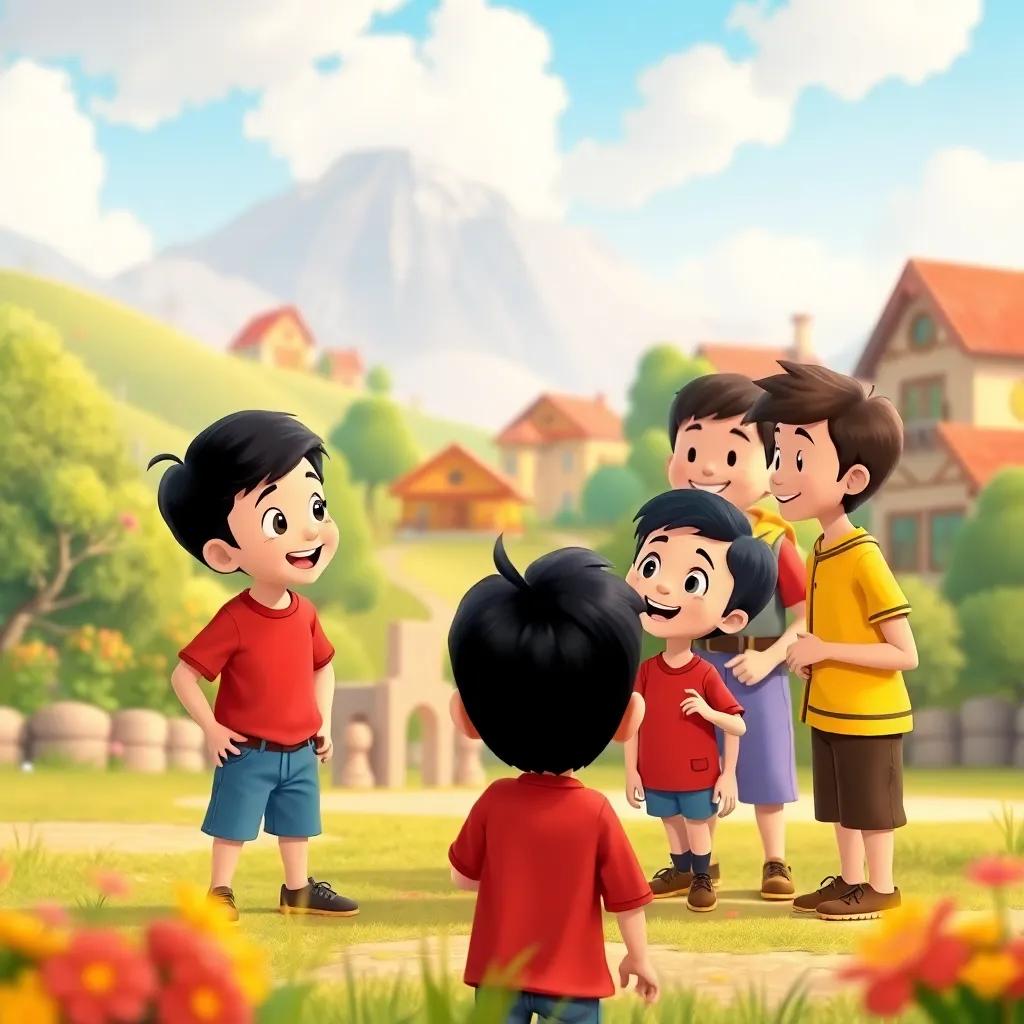 A beautiful village with four friends discussing together, a boy named Osama with short black hair, wearing a red shirt, excitedly suggesting to build a toy house, vibrant colors, cheerful atmosphere, child-friendly, digital art