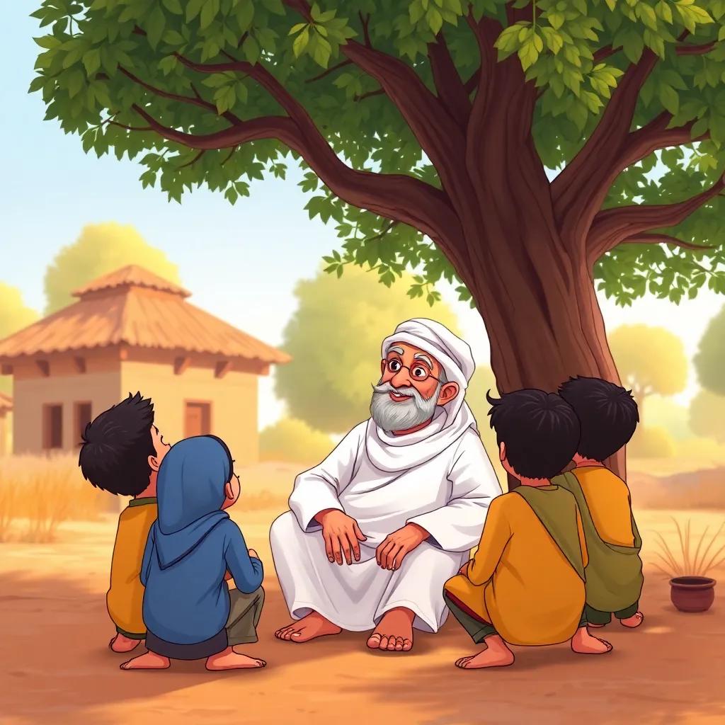 A wise old man in a traditional white thawb, sitting under a tree in the village, giving advice to four friends about teamwork, warm colors, friendly and inviting, detailed illustration