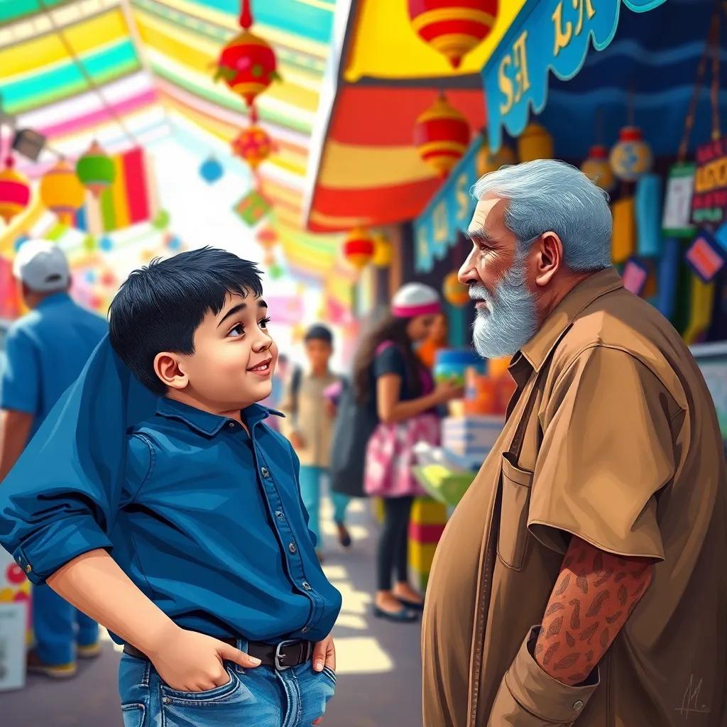 Sami, a young boy with short black hair in a blue shirt and jeans, talking to an elderly man in a market, surrounded by colorful stalls, bright daylight, friendly interactions, cheerful ambiance, digital painting, child-friendly style, vibrant colors