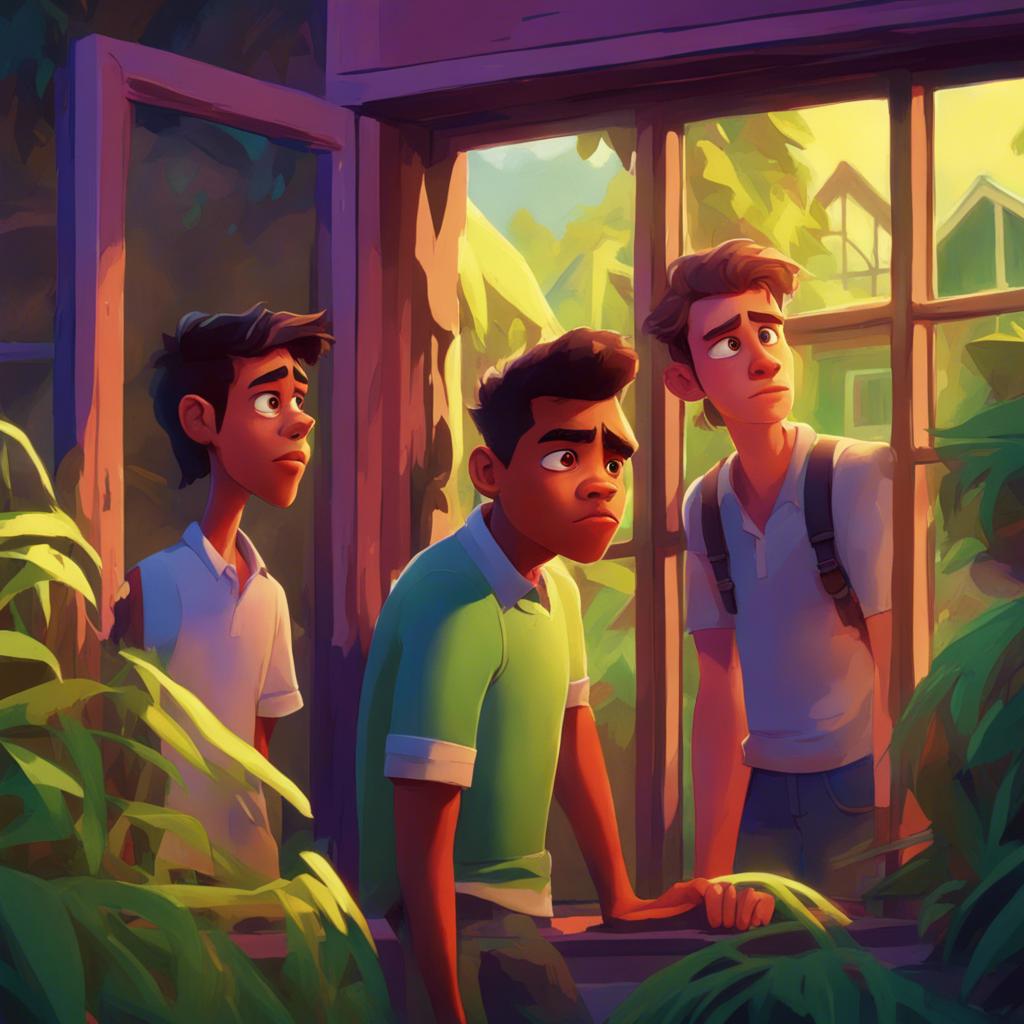 Ali with his friends, looking worried in front of a broken window, with greenery around and a distant house, digital art, concerned expressions, vibrant colors, storytelling view, engaging