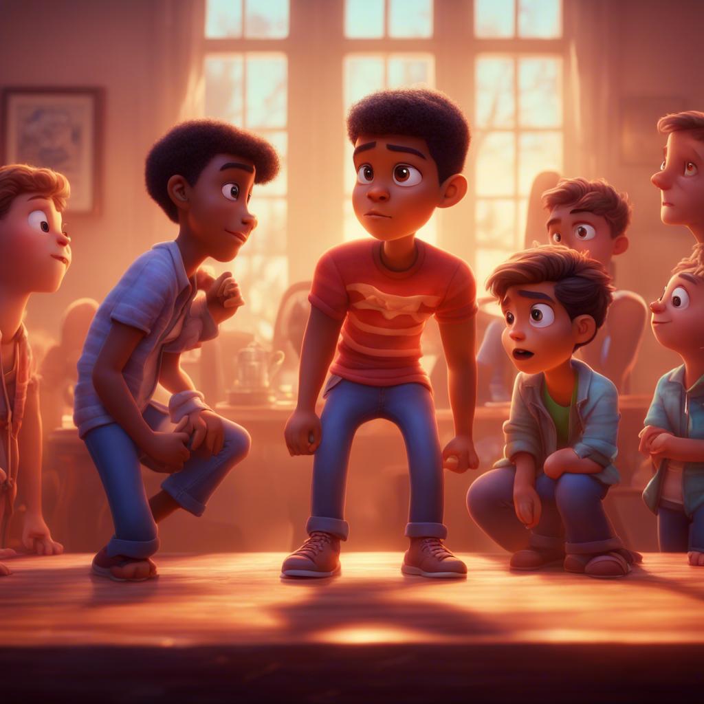 Ali explaining the truth to his friends, standing tall with a determined look among his curious friends, focused lighting, colorful ambiance, heartwarming moment, high quality