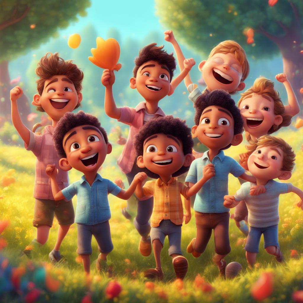 Ali and his friends happily celebrating the lesson of honesty together in the field, with bright surroundings and joyful expressions, digital art, festive colors, uplifting scene, high quality