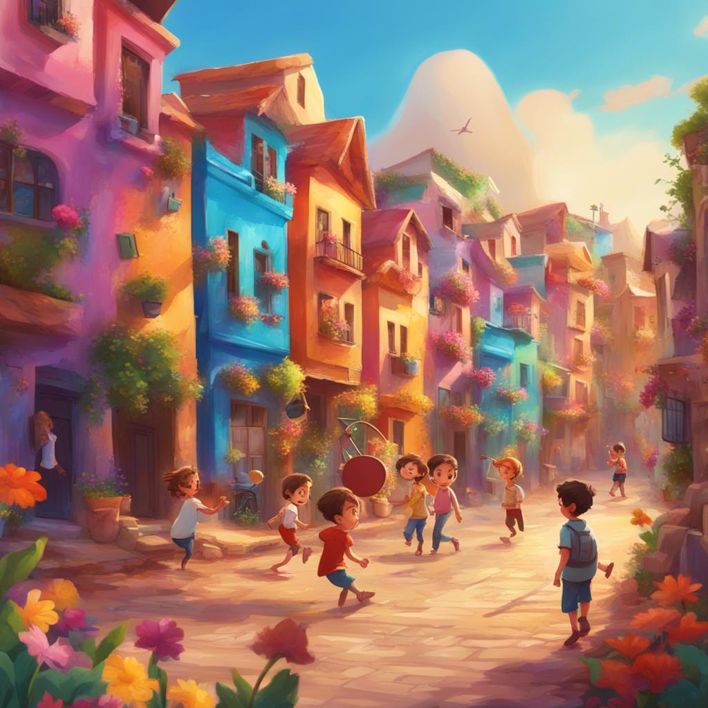 A vibrant village scene with children playing joyfully and a sign that says 'قرية الصدق', colorful buildings with flowers, illustration, bright colors, cheerful atmosphere, energetic