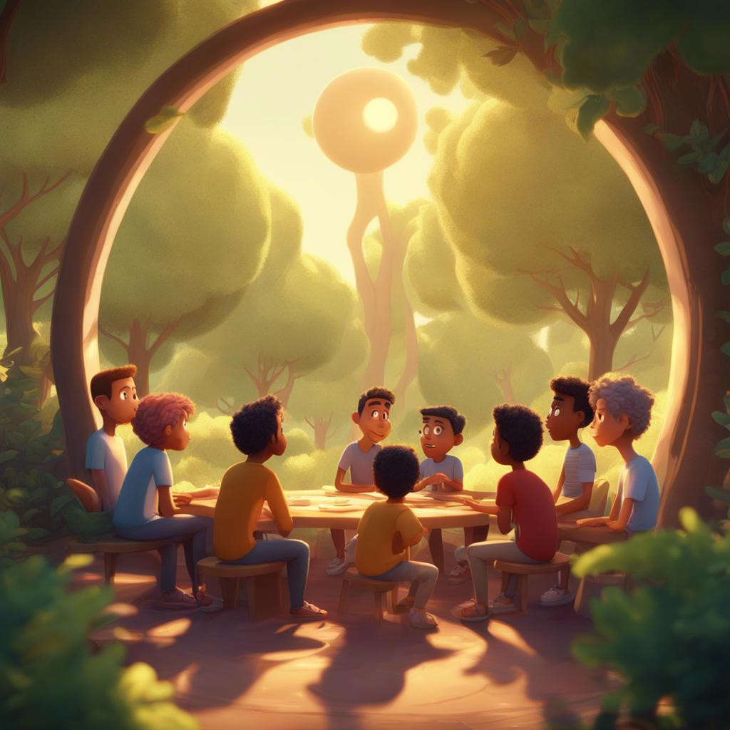 Ali leading a discussion with his friends about the value of honesty in a circle, surrounded by lush trees, warm sunlight, digital art, engaging atmosphere, educational, high quality