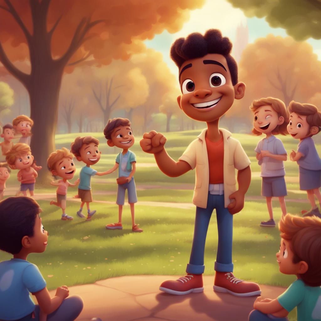 Ali smiling proudly as he teaches a group of younger children about the importance of honesty, with a beautiful park background, illustration, colorful, encouraging scene, high quality