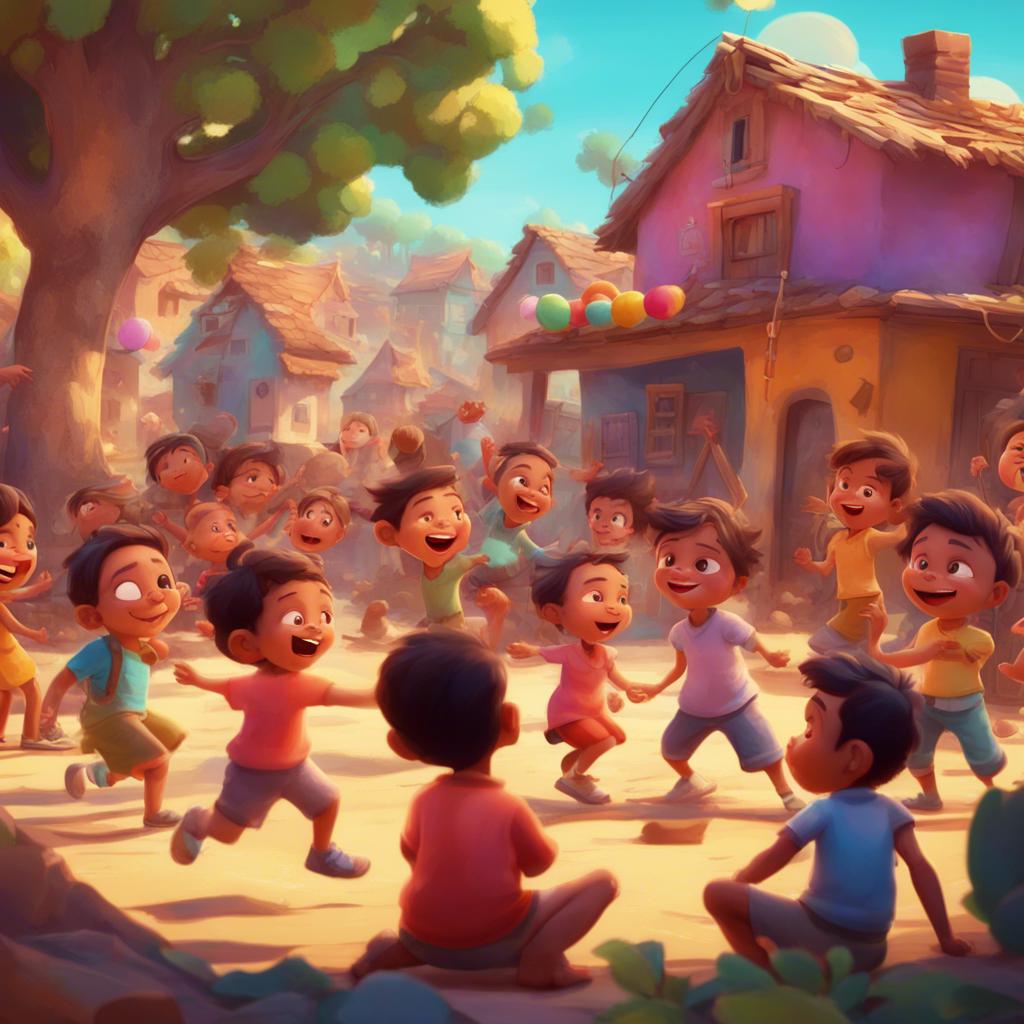 A scene of Ali's village, filled with children playing together, promoting honesty, with joyous faces and colorful environment, digital art, uplifting, vibrant colors, happy mood, high quality