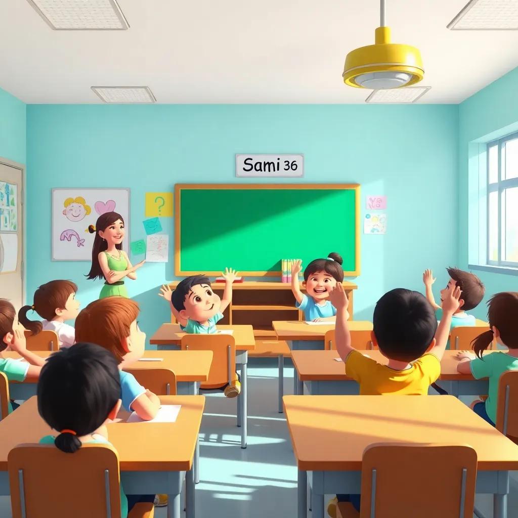 A sunny classroom with children sitting at desks, a teacher named Sami asking a question, children laughing and raising their hands, colorful drawings on the wall, cheerful atmosphere, lively, digital art, bright colors, engaging scene, high quality
