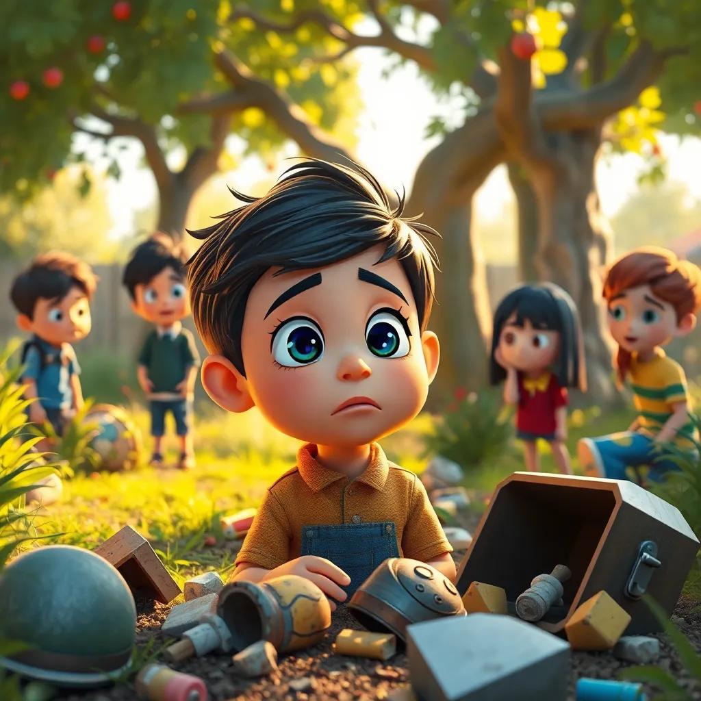 A boy named Ali looking worried in a school garden, with broken objects around him, his friends looking concerned, a tree in the background, warm light, storytelling view, colorful and inviting, heartwarming scene, high quality