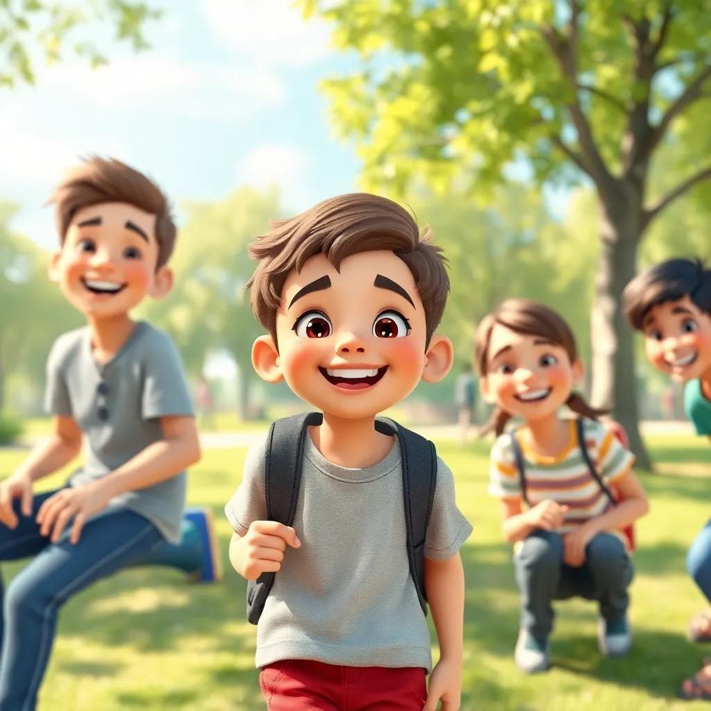 A boy named Sami, playing in a park with his friends, wearing casual clothes, smiling, bright sunny day, friendly atmosphere, digital art, cheerful, colorful, high quality