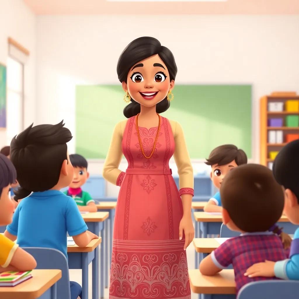 A kind teacher named Fatima, standing in a bright classroom with children around her, wearing a traditional dress, engaging and cheerful, colorful materials on the desks, illustration, inviting, warm, high quality