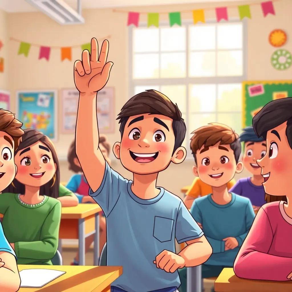 Students in the classroom, asking questions with curiosity, Sami raising his hand eagerly, colorful classroom decorations, bright sunlight coming through windows, joyful learning scene, illustration, enthusiastic, high quality