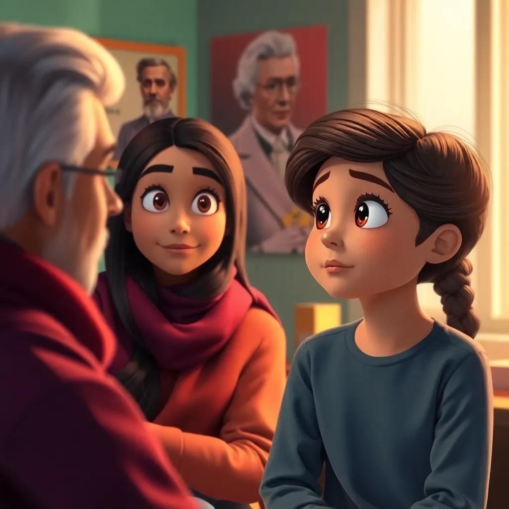 Sami looking intrigued while listening to Fatima talk about great scientists, with images of famous scientists in the background, colorful, engaging atmosphere, digital painting, warm light, inviting, high quality