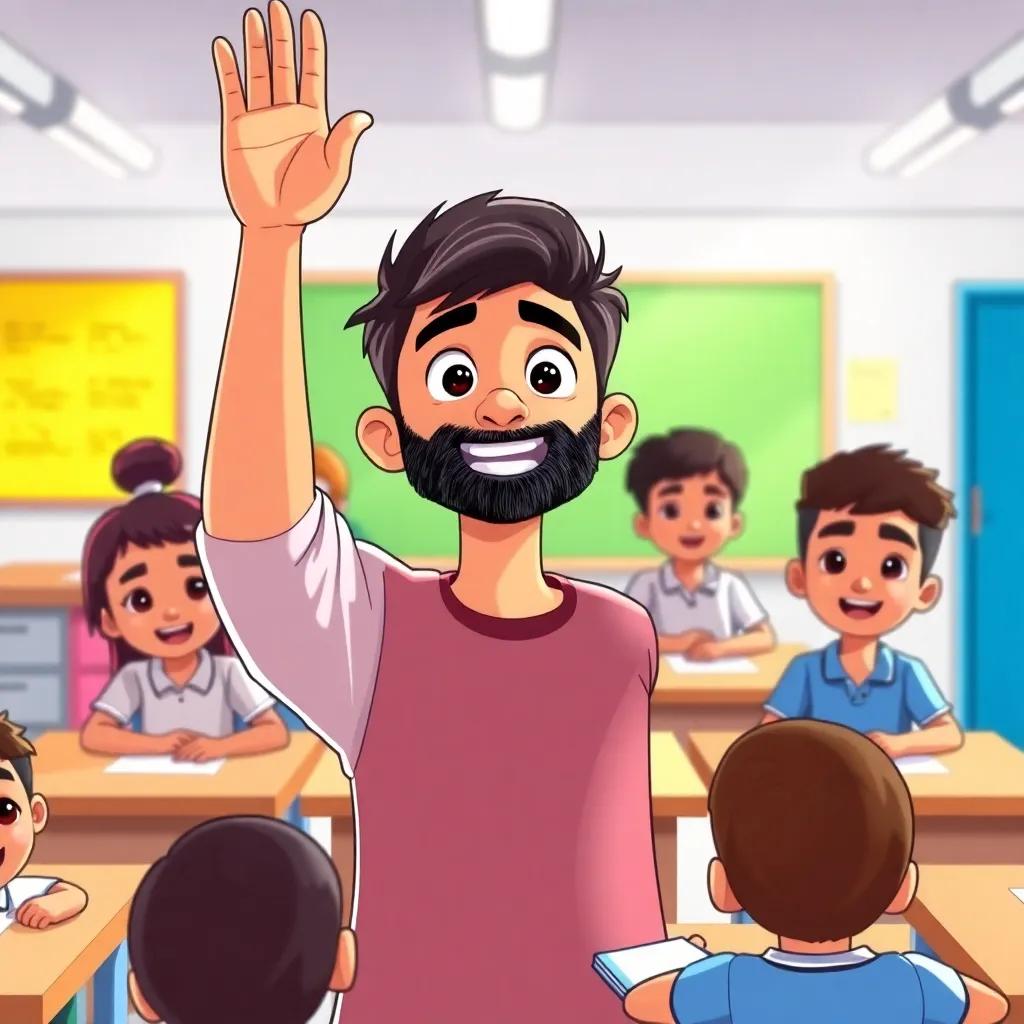 Sami enthusiastically raising his hand with a determined look, surrounded by classmates, bright and inspiring classroom, illustration, vibrant colors, positive energy, high quality
