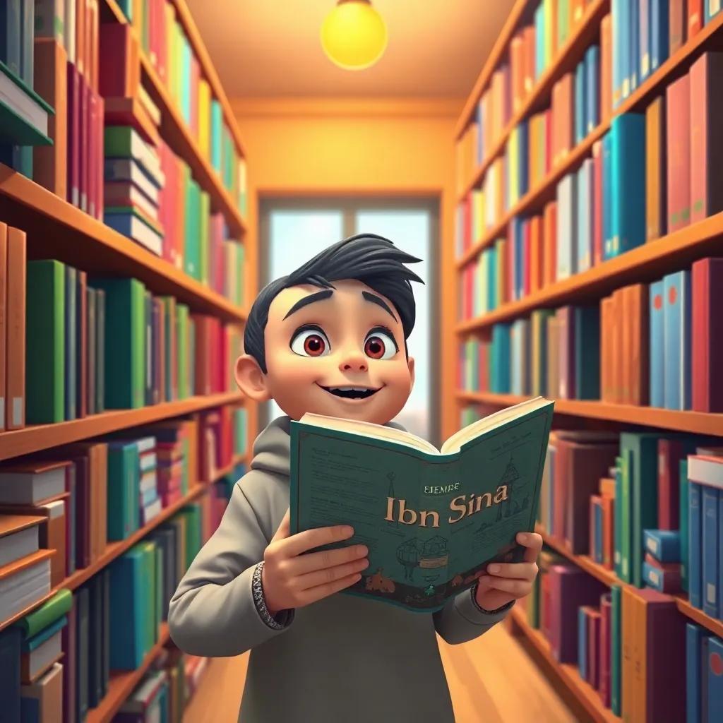 Sami exploring the library filled with colorful books about science, looking excited while holding a book about Ibn Sina, warm and inviting scene, digital painting, engaging atmosphere, high quality