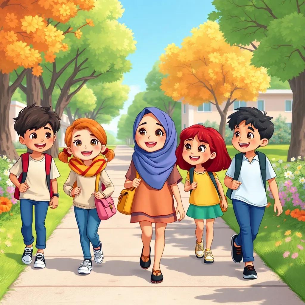 Sami walking to school with friends, smiling and chatting cheerfully, bright day with trees and flowers around, friendship and excitement, illustration, colorful, positive vibes, high quality