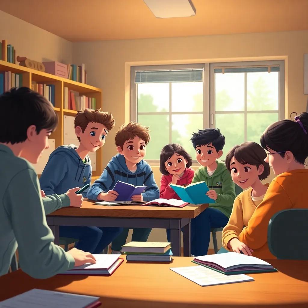 Students studying together in a cozy classroom, helping each other with homework, engaged and happy, warm light, friendly atmosphere, digital art, high quality
