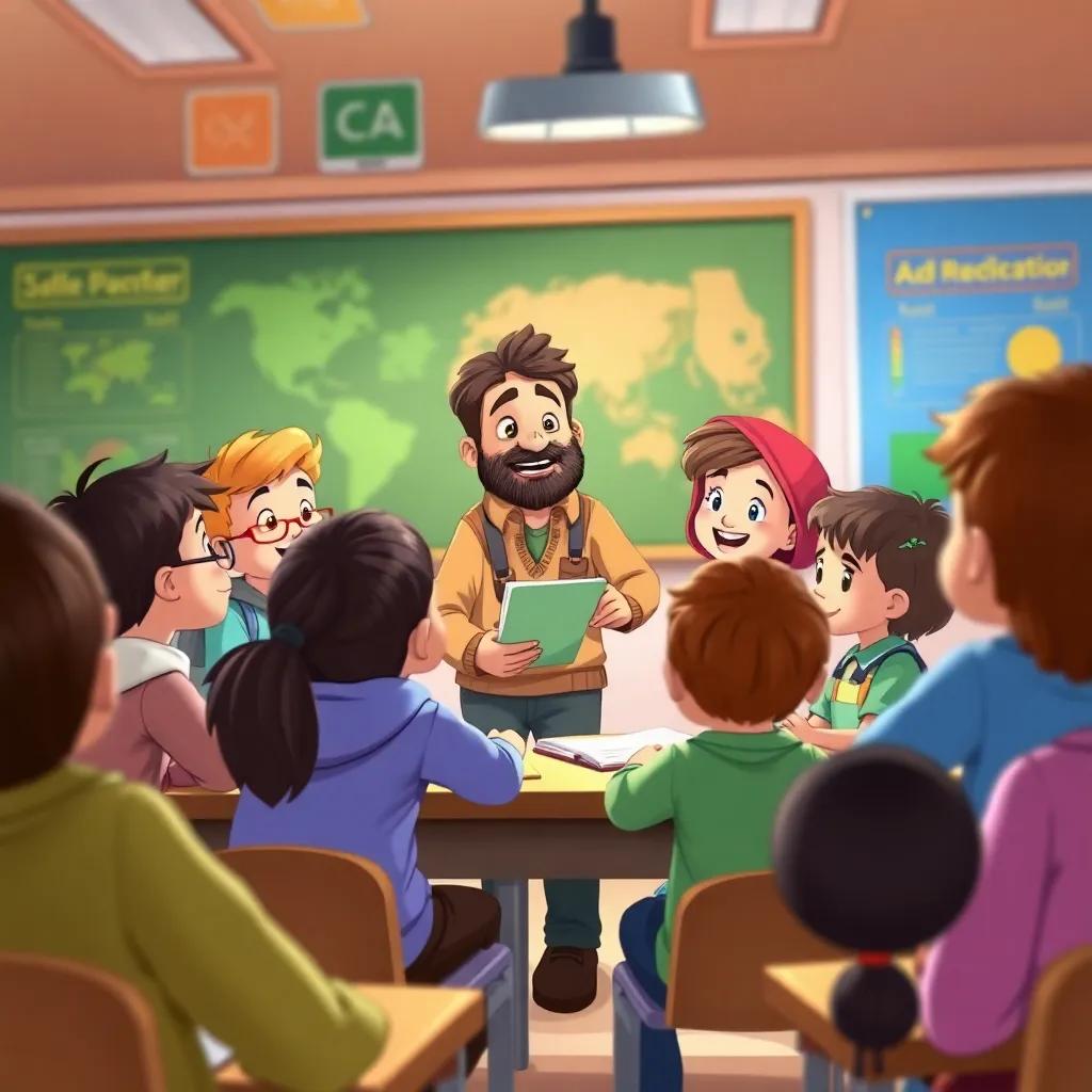 Kids sharing their discoveries in front of the class, Sami talking passionately, colorful classroom environment, students listening with interest, illustration, joyful, high quality