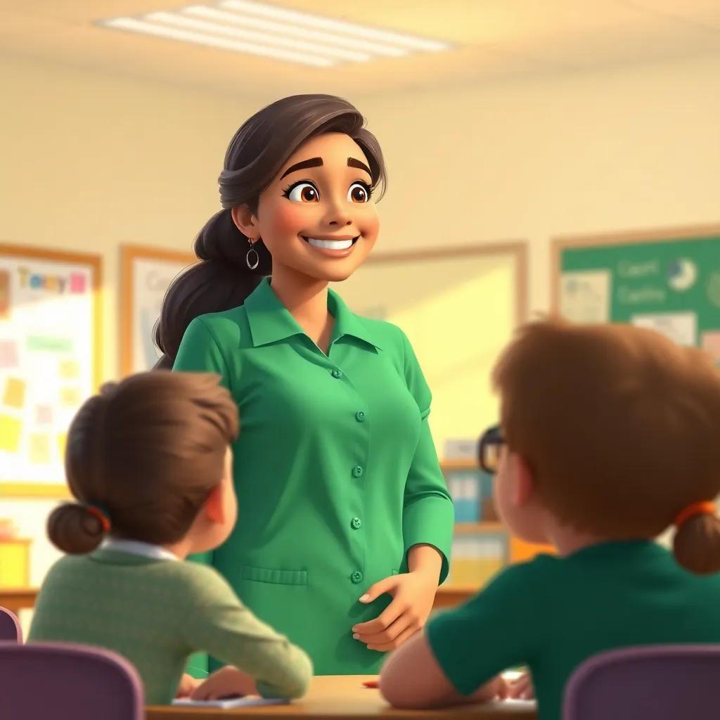A proud teacher Fatima watching her students with a smile, bright classroom with charts and educational materials, warm light, encouraging atmosphere, digital painting, positive vibes, high quality